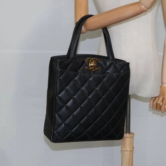 CHANEL Matelasse Hand Bag Grained Calf Skin Black CC Auth - Picture 1 of 15